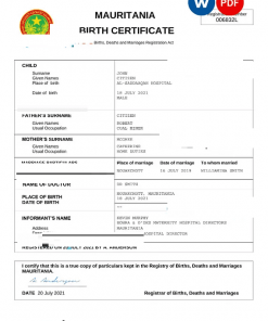 Mauritania birth certificate Word and PDF template, completely editable