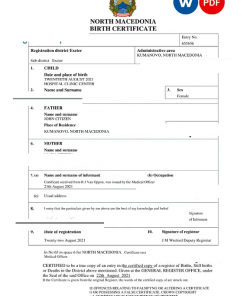 North Macedonia vital record birth certificate Word and PDF template, completely editable