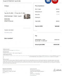 Antigua and Barbuda Airbnb booking confirmation Word and PDF template