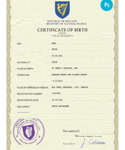 Ireland vital record birth certificate PSD template