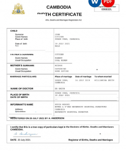 Cambodia birth certificate Word and PDF template, completely editable