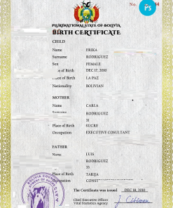 Bolivia vital record birth certificate PSD template, completely editable