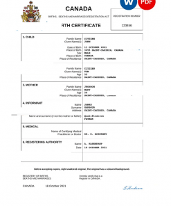 Canada birth certificate Word and PDF template, completely editable