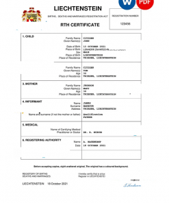 Liechtenstein vital record birth certificate Word and PDF template, completely editable