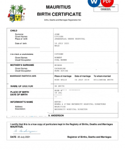 Mauritius vital record birth certificate Word and PDF template, completely editable
