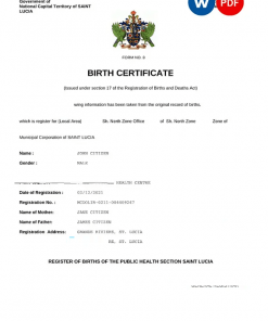 Saint Lucia birth certificate Word and PDF template, completely editable