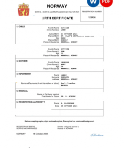 Norway birth certificate Word and PDF template, completely editable