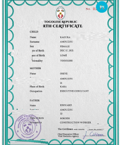 Togo birth certificate PSD template, completely editable