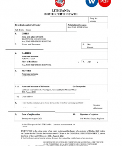 Lithuania birth certificate Word and PDF template, completely editable