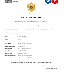 Montenegro birth certificate Word and PDF template, completely editable