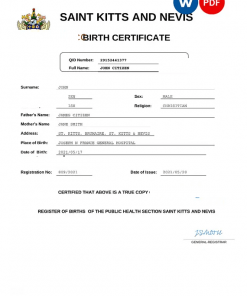 Saint Kitts and Nevis vital record birth certificate Word and PDF template, completely editable