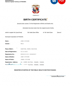 Panama birth certificate Word and PDF template, completely editable