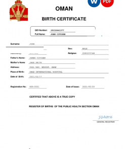 Oman birth certificate Word and PDF template, completely editable