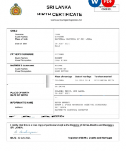 Sri Lanka vital record birth certificate Word and PDF template, completely editable