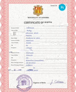 Andorra vital record birth certificate PSD template