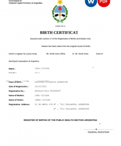 Argentina birth certificate Word and PDF template, completely editable