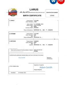 Belarus vital record birth certificate Word and PDF template, completely editable