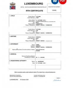 Luxembourg birth certificate Word and PDF template, completely editable