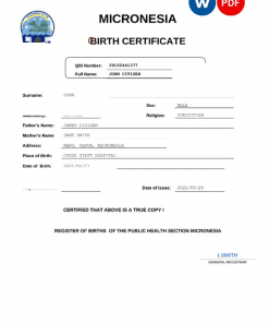 Micronesia vital record birth certificate Word and PDF template, completely editable
