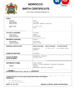 Morocco vital record birth certificate Word and PDF template, completely editable