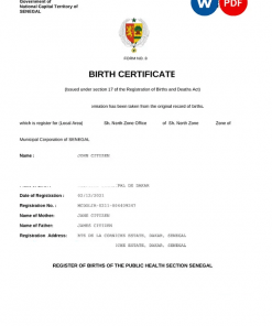 Senegal vital record birth certificate Word and PDF template, completely editable