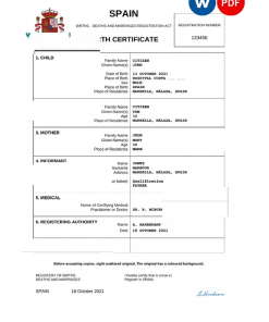 Spain birth certificate Word and PDF template, completely editable
