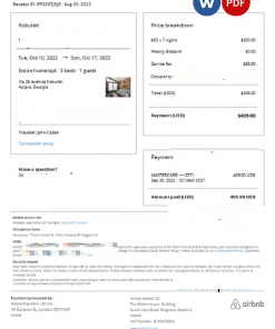 Georgia Airbnb booking confirmation Word and PDF template