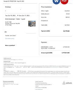 Democratic Republic of the Congo Airbnb booking confirmation Word and PDF template