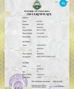 Costa Rica birth certificate PSD template, completely editable