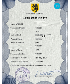 # universbia universal birth certificate PSD template, completely editable