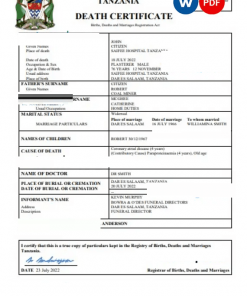 Tanzania vital record death certificate Word and PDF template