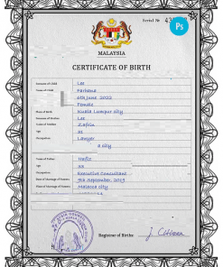 Malaysia vital record birth certificate PSD template, fully editable