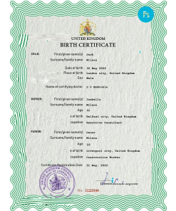 United Kingdom birth certificate PSD template, completely editable