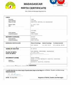 Madagascar vital record birth certificate Word and PDF template, completely editable