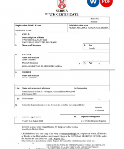 Serbia birth certificate Word and PDF template, completely editable