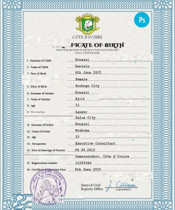 Côte d’Ivoire vital record birth certificate PSD template, fully editable