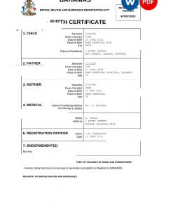 Bahamas vital record birth certificate Word and PDF template, completely editable