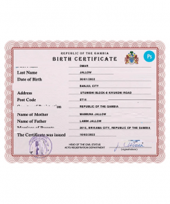 Gambia vital record birth certificate PSD template, fully editable