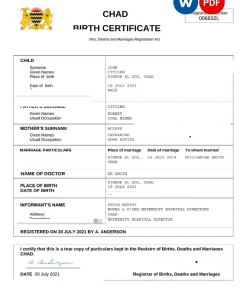 Chad birth certificate Word and PDF template, completely editable