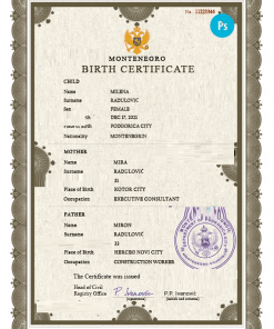 Montenegro vital record birth certificate PSD template