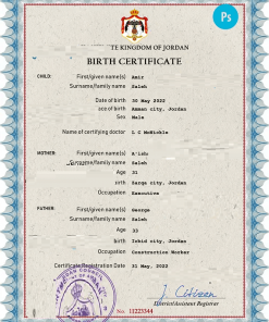 Jordan vital record birth certificate PSD template, completely editable