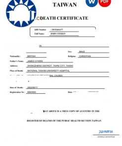 Taiwan death certificate Word and PDF template, completely editable