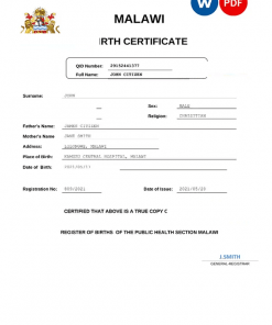Malawi birth certificate Word and PDF template, completely editable