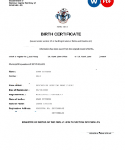 Seychelles vital record birth certificate Word and PDF template, completely editable