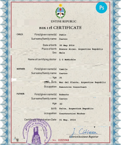 Argentina vital record birth certificate PSD template, fully editable