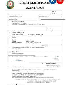 Azerbaijan vital record birth certificate Word and PDF template, fully editable
