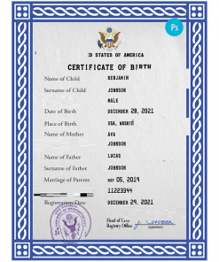 United States of America vital record birth certificate PSD template, fully editable
