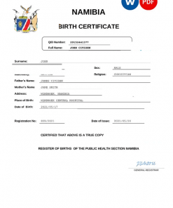 Namibia birth certificate Word and PDF template, completely editable