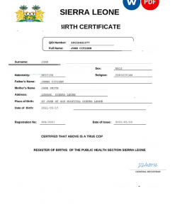 Sierra Leone birth certificate Word and PDF template, completely editable