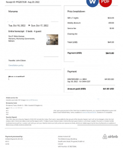 Bahrain Airbnb booking confirmation Word and PDF template